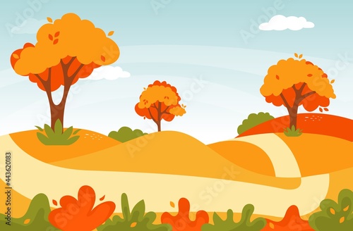 Autumn road landscape. Natural forest landscape. Vector fall foliage nature illustration.