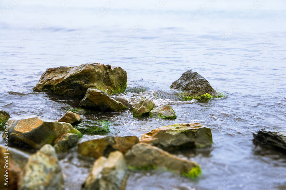 Large moss covered stones on the Black Sea coast, soft focus, waves on a cloudy day Large moss covered stones on the Black Sea coast, soft focus, waves on a cloudy day