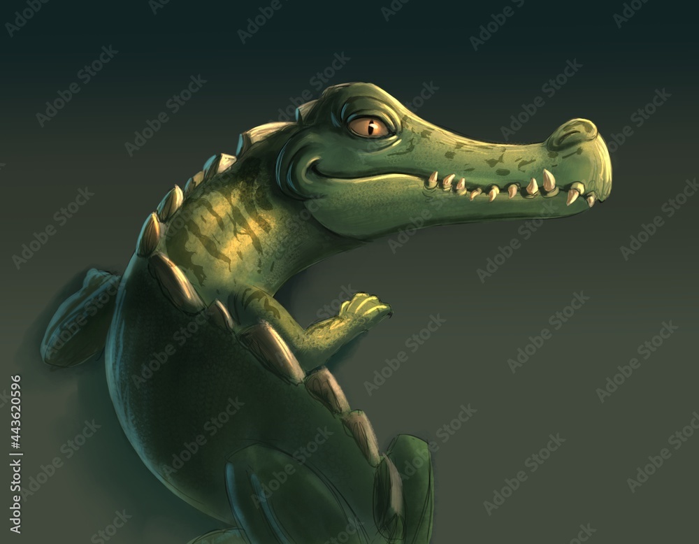 Fototapeta premium Cartoony crocodile on the black background 