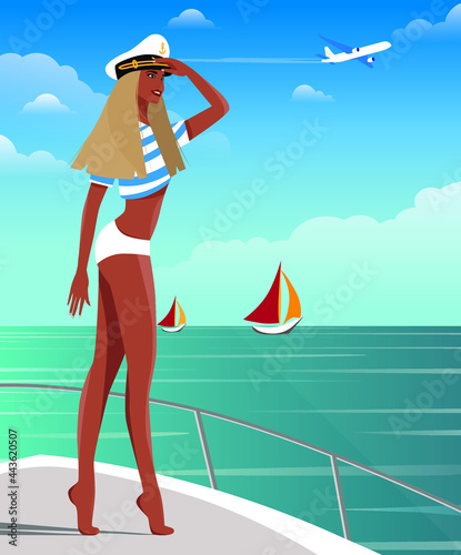 Digital illustration of a beautiful blonde girl in summer on vacation on a cruise in a captain's cap on a yacht happily watches an airplane fly and boats float
