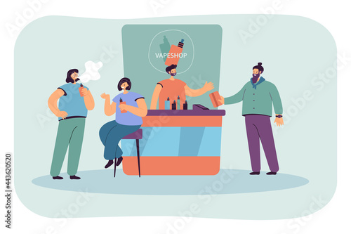 Modern vape store counter flat vector illustration. Vape showcase, seller and smokers buying liquid vaping juices from showcase. Smoking, electronic cigarette, shop concept for banner design