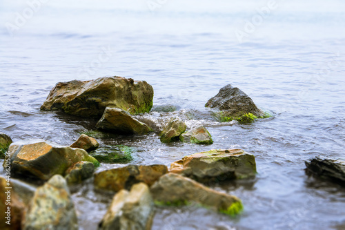 Large moss covered stones on the Black Sea coast  soft focus  waves on a cloudy day