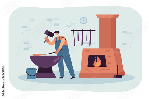 Blacksmith forging hot metal tools. Flat vector illustration. Man in overalls working with heavy sledgehammer in forge, next to stove. Anvil, job, handmade concept for banner design or landing page