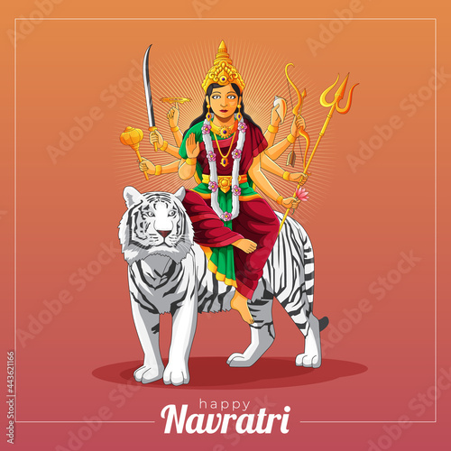 sharad navratri greeting card with Durga goddess and white tiger