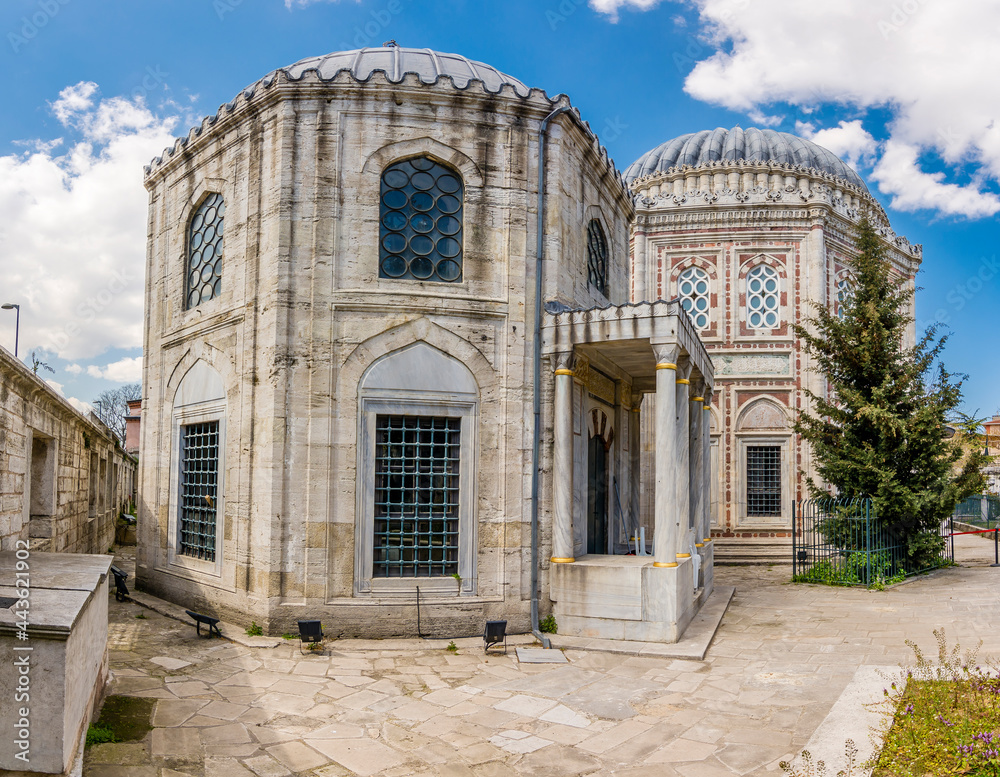 Fototapeta premium The Sehzade tombs in the Sehzade Mosque garden in Istanbul. Istanbul is populer tourist destination in the Turkey.