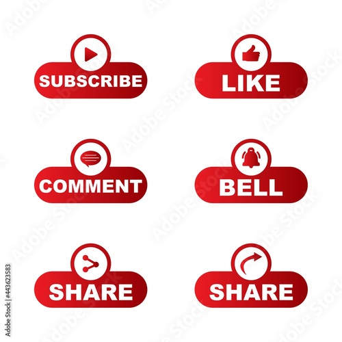 Subscribe button collection with multiple shapes. Stylish red color button collection with like, comment, and share icon. Metallic red color social media vector button collection.