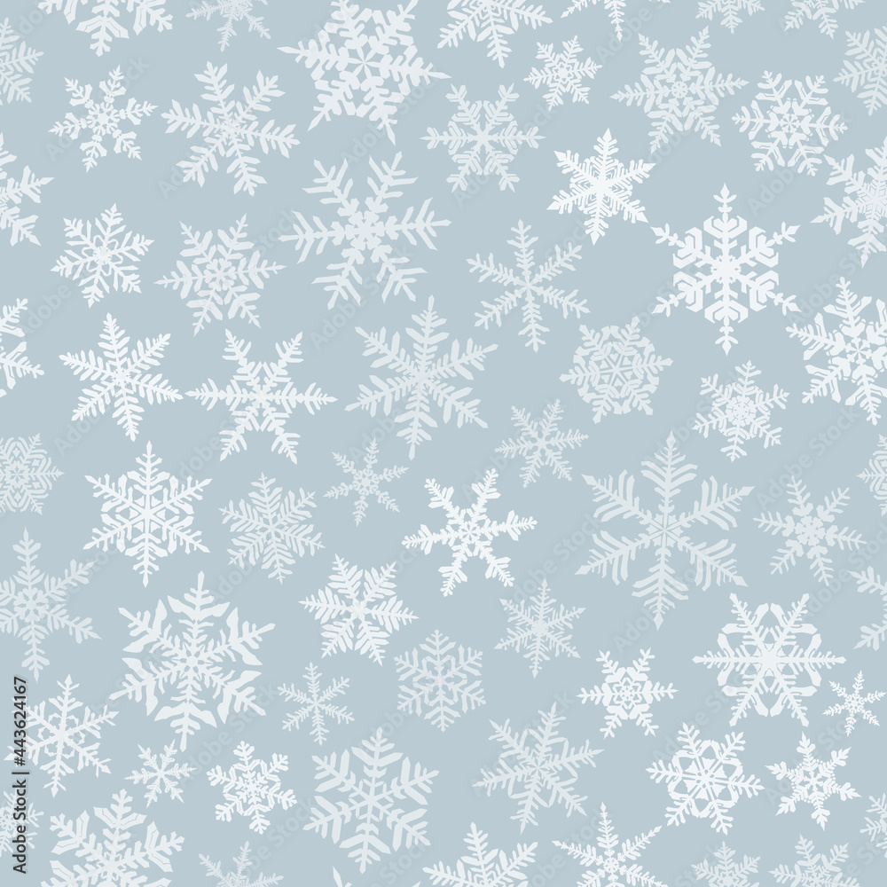 Christmas seamless pattern with complex big and small snowflakes, white on gray background Christmas seamless pattern with complex big and small snowflakes, white on gray background