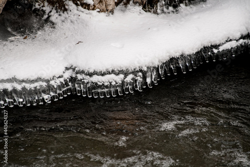 close-up of snowy ice crust with icicles over stream water