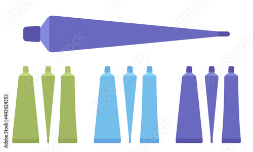 Plastic cosmetic tube, toothpaste bottle empty green, blue, dark set. Small cap makeup cream storage, shampoo container, body lotion template. Vector flat style cartoon illustration, different views