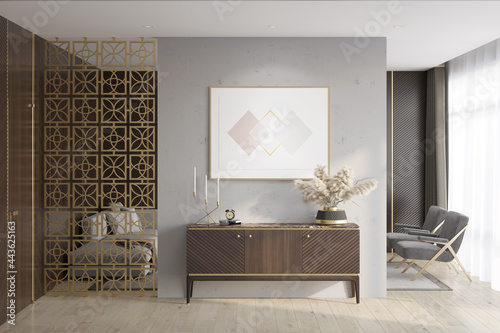 Fototapeta Naklejka Na Ścianę i Meble -  Luxury apartment suite lounge room with a horizontal poster over a wooden curbstone, a door, dark wood wall panels, a decorative partition, a sofa, armchairs, and curtains in the background. 3d render