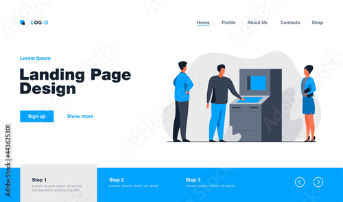 People using ATM. Bank customers waiting in queue, social distance flat vector illustration. Banking, transaction, cash withdrawal concept for banner, website design or landing web page