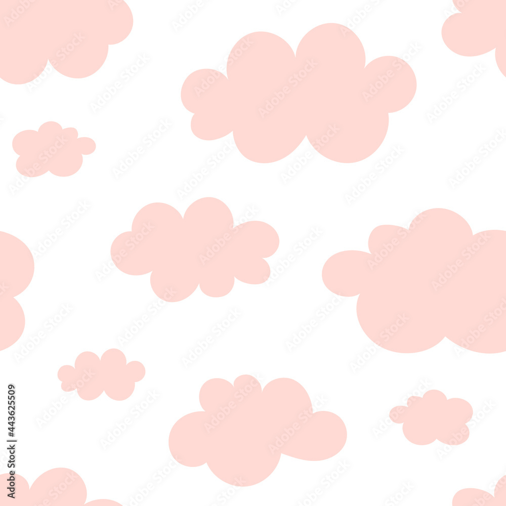 Obraz Simple seamless background with fluffy pink cartoon-like clouds. Design for fabric, textile print, wrapping paper, childish textiles. Cute vector illustration.