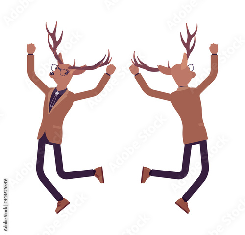 Deer man, elegant mister moose, animal head stylish human jumping. Dressed up gentleman having large, horns, antlers, wearing glasses. Vector flat style cartoon illustration, front and rear view