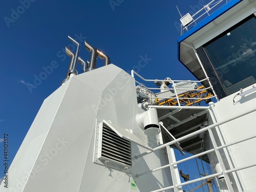 Fish Farm Service Boat Funnel Shiny Exhaust Pipes