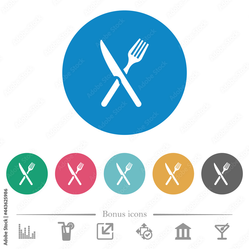 Fork and knife in crossed position flat round icons Fork and knife in crossed position flat round icons