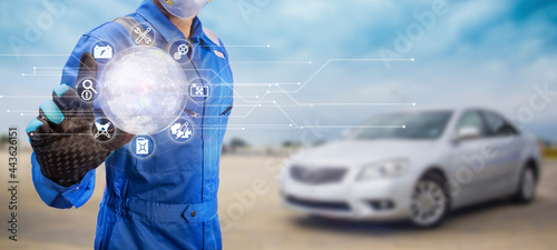 Car Mechanics hand holding Smart service technician icon, Repair, Maintenance, Technical Support, Professional auto service Center concept.