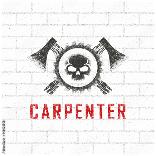 Color illustration of a skull, saw, crossed axes and text on a background with a brick wall. Design element for print, emblem, sticker and label. Vector graphics. Carpenter symbolism.