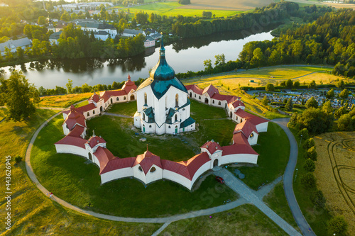 Aerial view of Pilgrimage Church of Saint John of Nepomuk on the Green Hill at sunset. photo