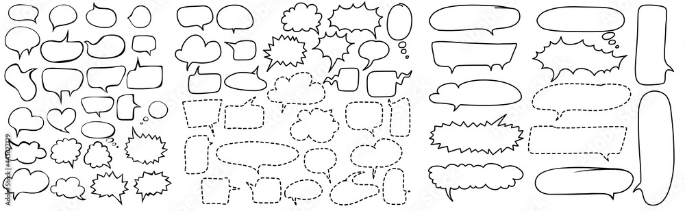 Fototapeta premium Vector set of drawn speech bubbles. Sketch doodle style. Speech clouds are drawn with a solid line and a dashed line and have different shapes. Isolated on a white background.