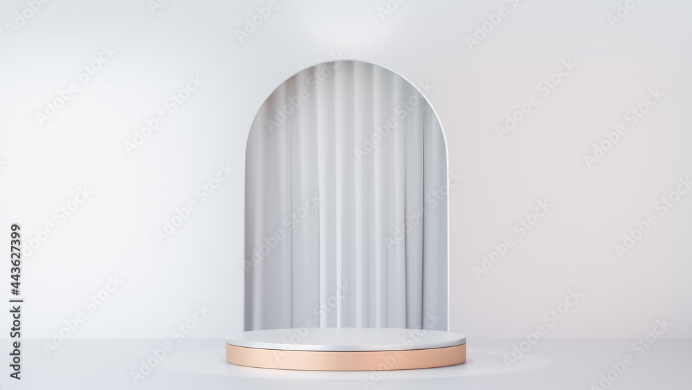 3D rendering background. White gold stage podium display product with a ...