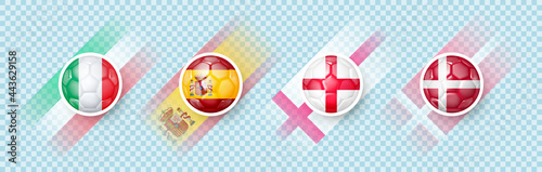 4 countries of the best national football teams 2020 - 2021 based on results of contest in Europe. Italy, Spain, Denmark, England. Soccer ball with national flag. Icons with transparency. 3d vector photo