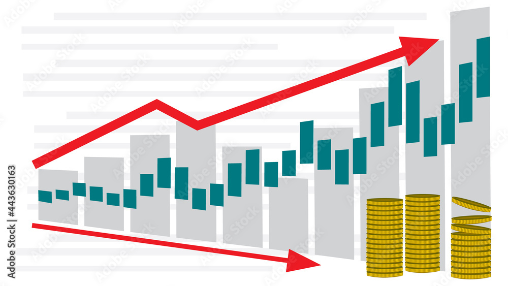 Abstract financial graphs with red arrow and stacks of coins, financial investment concept, flat design, vector illustration. Abstract financial graphs with red arrow and stacks of coins, financial investment concept, flat design, vector illustration.