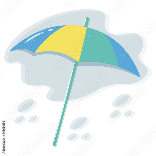 Cute colorful illustration of umbrella and raindrops. Vector composition with a rain cloud and an umbrella protecting from bad weather. Isolated icon on a transparent background. Flat design.