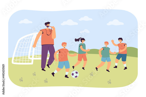 Team of little football players with coach. Flat vector illustration. Boys and girl playing with ball, training on soccer field with teacher whistling. Sport class, school, football game concept