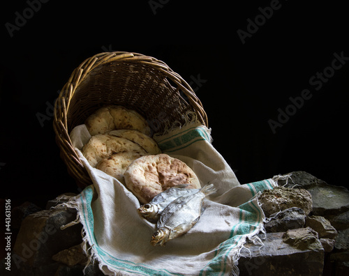 Photography Five loaves and two fish in a basket