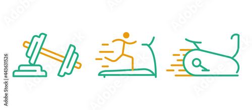 Treadmill, dumbbell and stationary bike icon set. Simple design related to fitness. Colorful linear set. Editable logo.