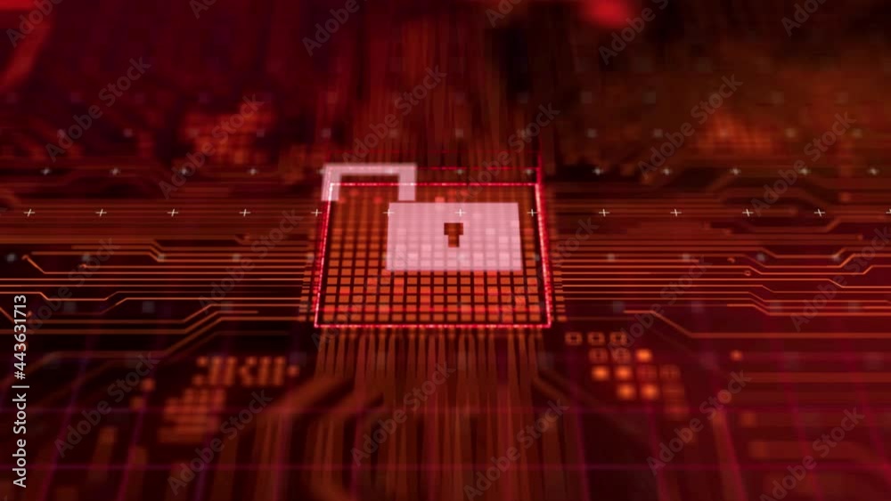Hacker attack computer hardware microchip while process data through internet network, 3d rendering insecure Cyber Security exploit database breach concept, virus malware warning screen animation