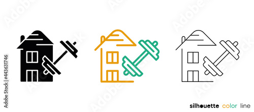 For sports at home. Lifting weights and exercising at home. Simple design related to fitness. Silhouette, colorful and linear set. Editable logo.