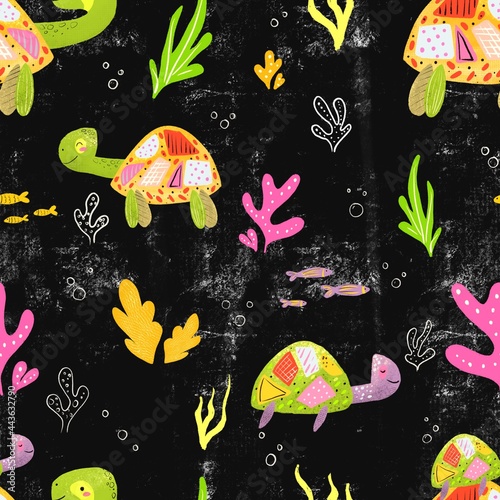 Seamless pattern, funny turtles on dark background. Designs for clothing, fabric, and other items.