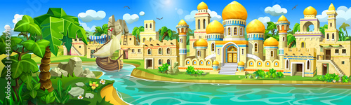 Arab town on the coast of a tropical river. Arabian palace with white walls, towers and golden domes, tents.