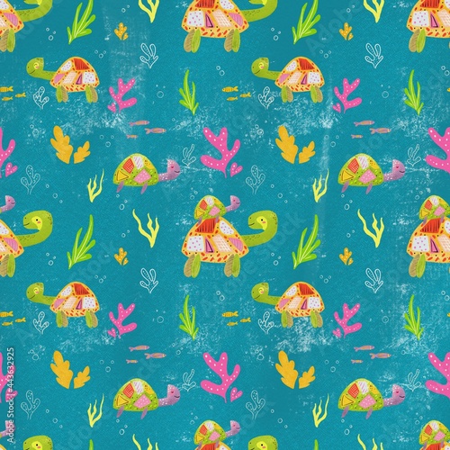 Seamless pattern, funny turtles on dark background. Designs for clothing, fabric, and other items. © Наталья Майшева