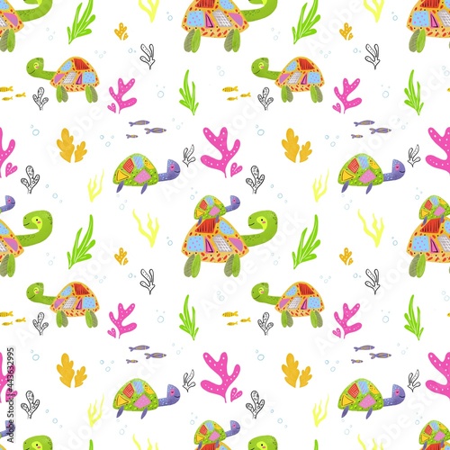 Seamless pattern, funny turtles on light background. Design for clothing, fabric and other items.
