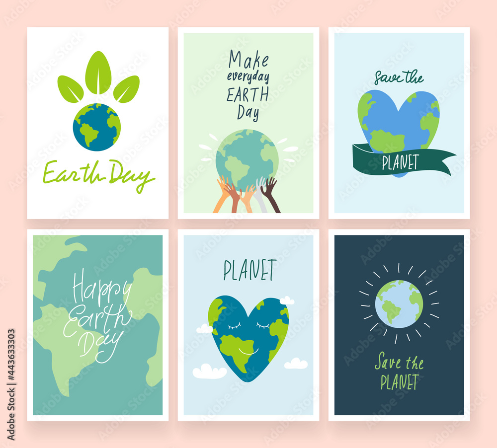 Happy Earth Day!
Make an everyday earth day. Vector eco illustrations for social banner, poster or card on the theme of saving the planet, human hands protect our earth. Heart-shaped Earth.