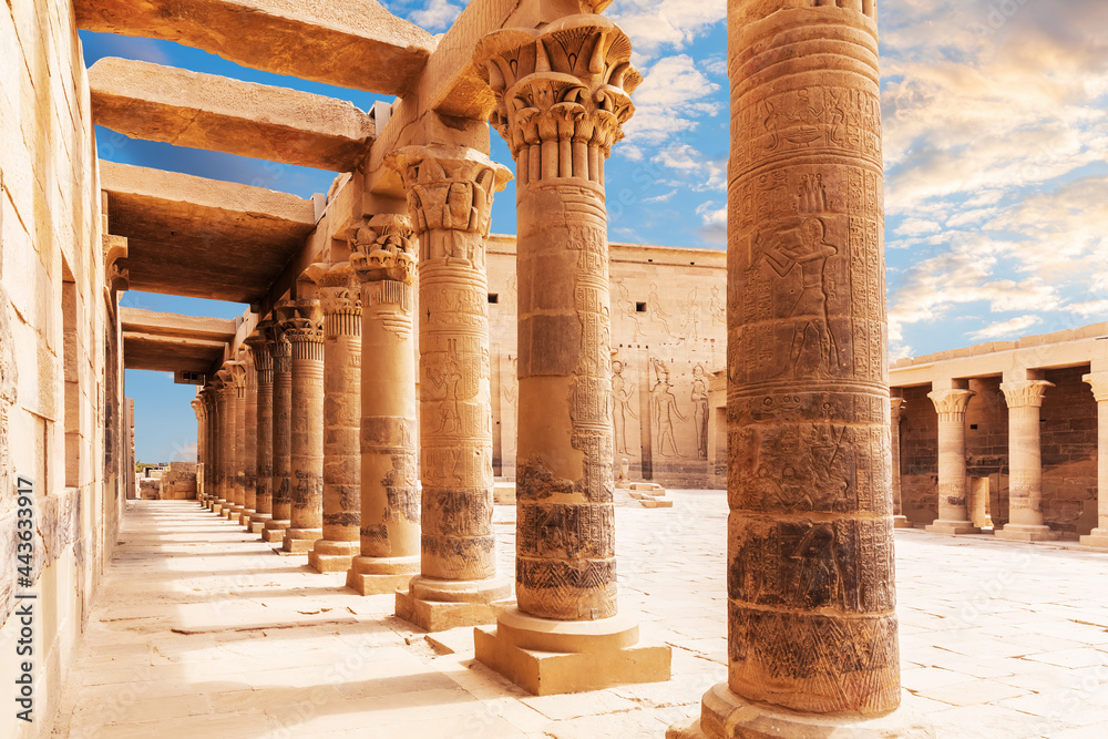 Temple of Isis, capitals of east colonnade, Philae Island, Aswan, Egypt