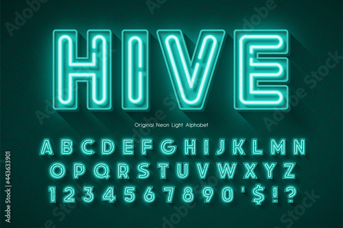 Neon light 3d alphabet, extra glowing origainal type.