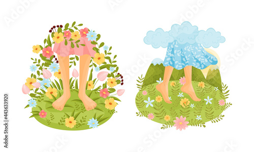 Bare Feet Walking Through the Field or Meadow Touching Soft Green Grass Vector Scene Set