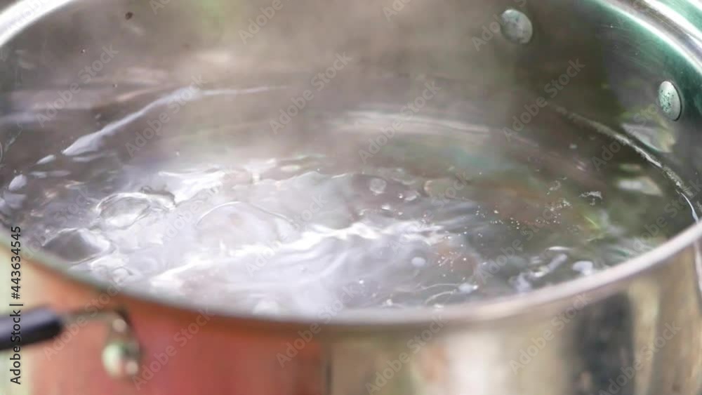 Boiling water in pot on electric stove in the kitchen. Boiling water in pot on electric stove in the kitchen.