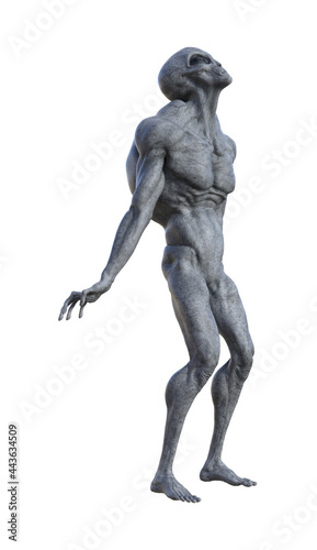 Illustration of a grey alien with arms back and head up in agony isolated on a white background.