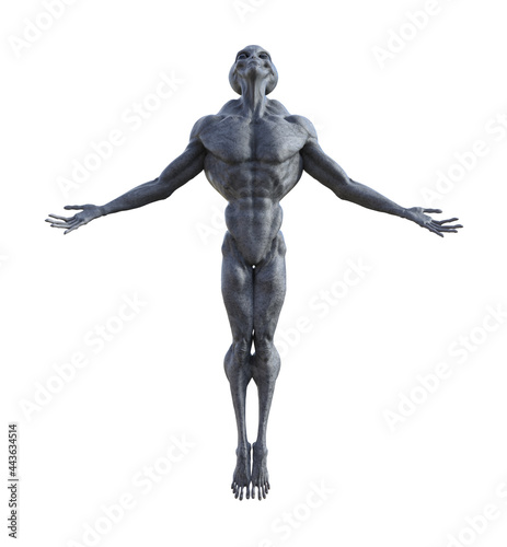 Illustration of a grey alien with arms back and head up on tiptoes looking upward isolated on a white background.
