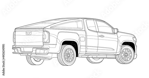 Vector line art car  concept design. Vehicle black contour outline sketch illustration isolated on white background. Stroke without fill. Cower drawing. Black-white icon.