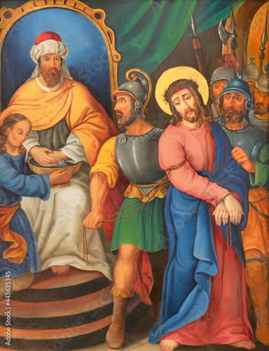 VIENNA, AUSTIRA - JUNI 17, 2021: The painting Jesus before Pilate as part of Cross way stations in church Rochuskirche by unknown artist.