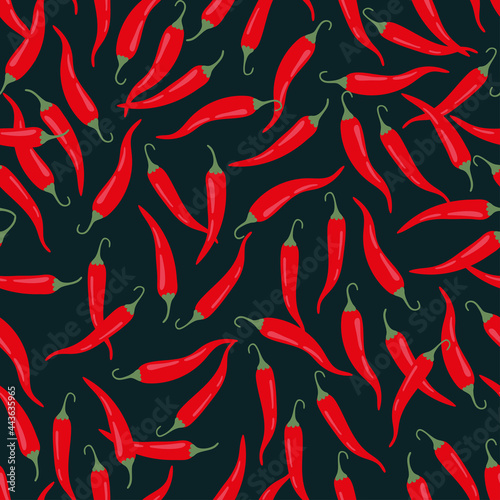 Red hot chilli peppers on black background. Vector repeat background for fabric. 