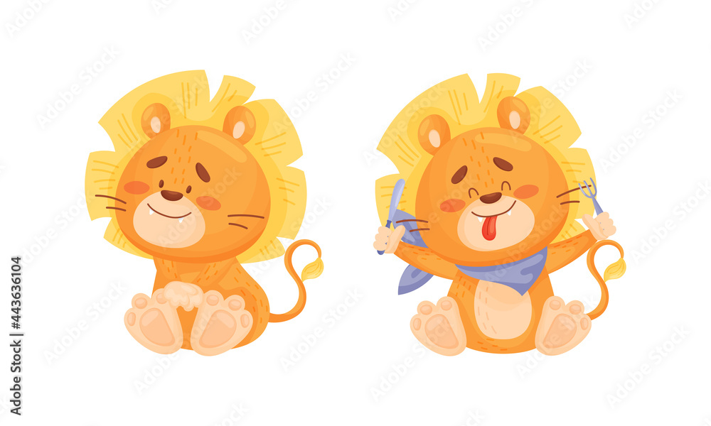 Cartoon Lion Cub Playful Character with Thick Mane Sitting and Ready to Eat Vector Set Cartoon Lion Cub Playful Character with Thick Mane Sitting and Ready to Eat Vector Set