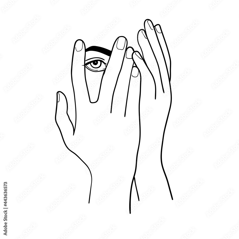 Girl covering her eyes with her hands on a white background. Linework illustration Girl covering her eyes with her hands on a white background. Linework illustration