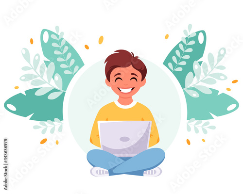 Boy studying with computer. Online learning, back to school concept. Vector illustration