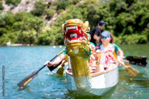 Close-up of dragon boat with crew Fototapeta